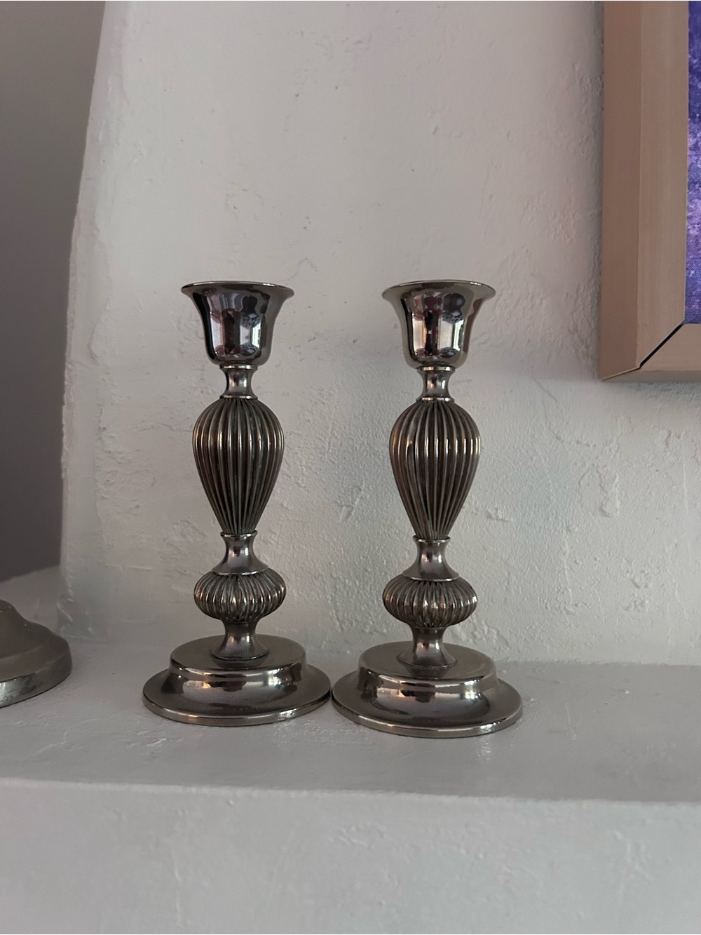 Vintage Silver Ribbed Metal Candleholders - Pair